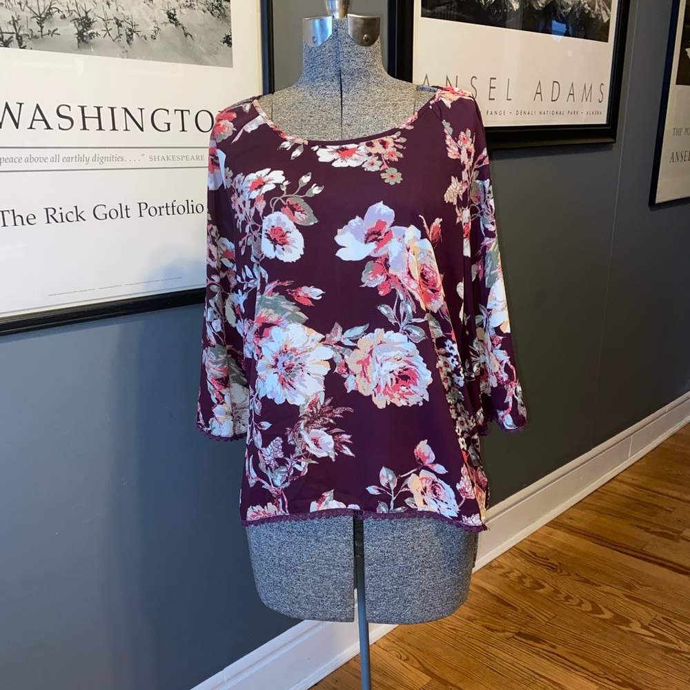 Target Xhilaration Burgundy Floral Chiffon Top